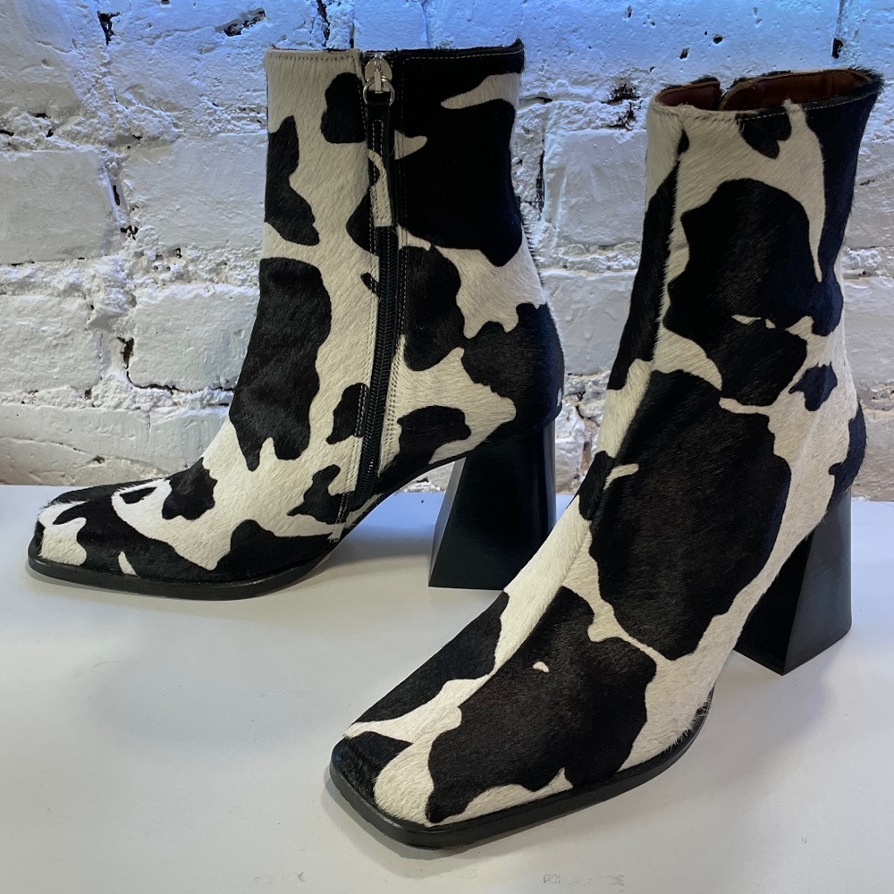 Cow Print Pony Hair Square Toe Chunky Heel Leather Boots Aloha